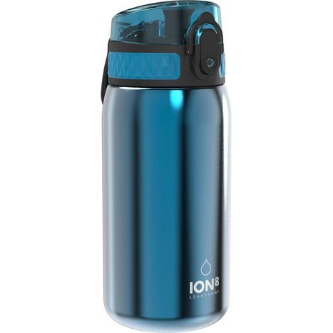Ion8 Borraccia Acciaio per Bambini, 400ml, a Prova di Perdite, Facile da Aprire, Serratura Sicura, Lavabile in Lavastoviglie, Maniglia per il Trasporto, Facile Pulizia, Durevole, Metallo Blu (1/4)
