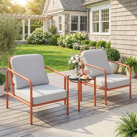 Salon de Jardin 3 Pièces, 2 Fauteuils, 1 Table Basse, Coussins Épais, Plateau en Verre Trempé, 63x77x76cm, Rouge Vineux