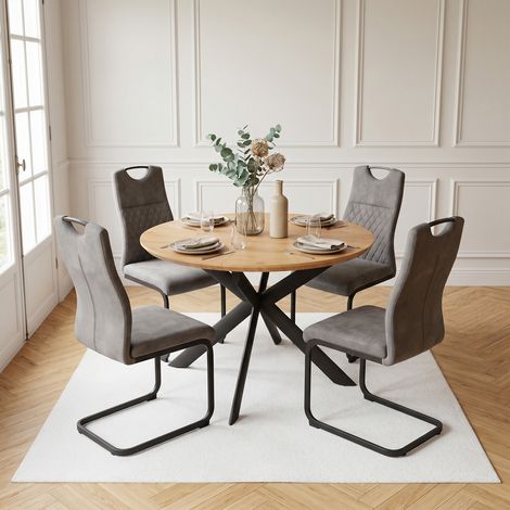 Ensemble de table à manger ronde extensible, plateau rond en MDF finition chêne (110-150 cm), style moderne et contemporain pour la salle à manger et la cuisine (4 chaises, Tissu, Gris)