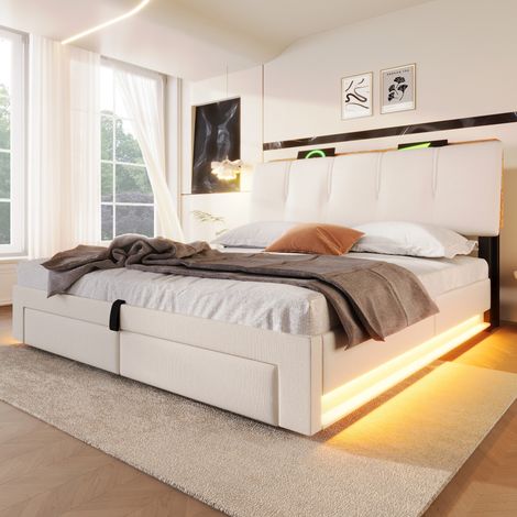 Bett Doppelbett Stauraum 140x200 Leinen USB LED HAVRYA (1/5)