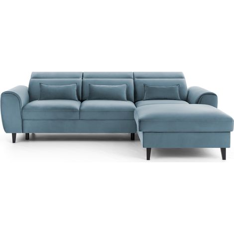 Canapé d’angle convertible ASTORIA en velours avec coffre, têtières réglables et pieds en bois noir – 267cm angle droit-Bleu clair-angle droit (1/5)
