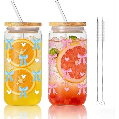 Lot de 2 verres en verre borosilicate avec couvercle en bambou et pailles (500 ml) (1/5)