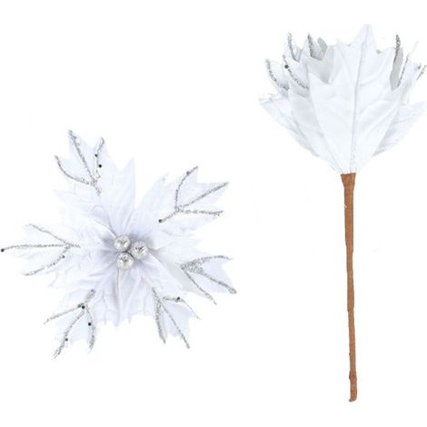 (1 pièce) Décoration florale argentée pour sapin de Noël avec sequins et tige, 22 cm, en tissu. (1/2)