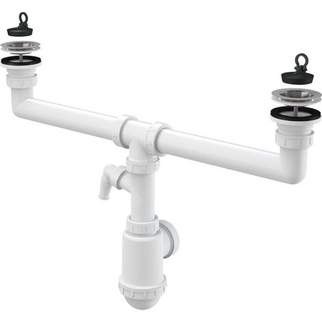 Siphon pour évier à deux cuves avec raccord, crépines en acier inoxydable DN70