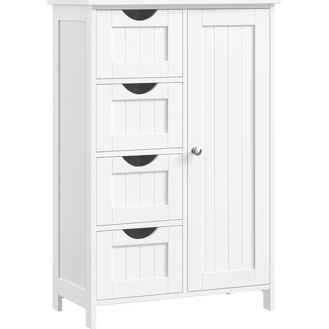 Badezimmer-Bodenschrank, Holzschrank mit 4 Schubladen, Einzeltür, verstellbares Regal, für Wohnzimmer, Küche, Flur, Weiß LHC41W (1/5)