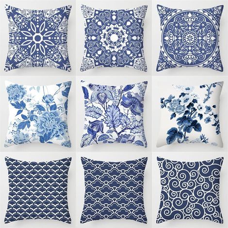 Housse de coussin décorative d'extérieur de style chinois, ornée de fleurs en porcelaine bleue et blanche, au style rétro. Convient pour les lits, les salons, les canapés et autres meubles. 45 x 45 cm (1/4)