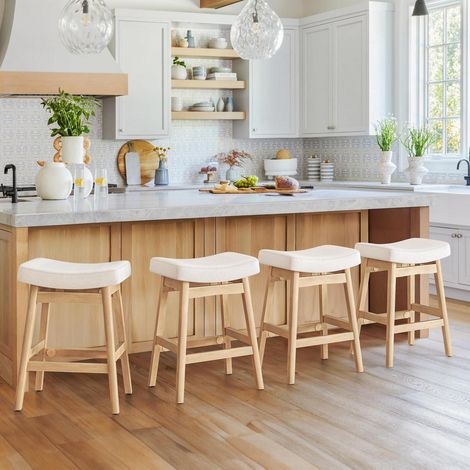 Barhocker 4er Set, 61 cm Sitzhöhe, Stoffbezug, Holzbeine, Beige (1/5)