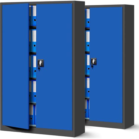2er Set Aktenschrank XXL C001II Büroschrank Metallschrank Flügeltüren Stahlblech Pulverbeschichtung 185 cm x 115 cm x 40 cm (anthrazit/blau) (1/5)