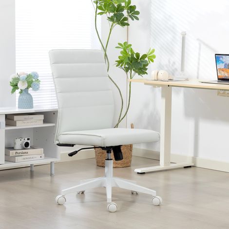 Silla de oficina de piel sintética con función mecedora, altura ajustable de 97 a 107 cm, silla giratoria de escritorio con respaldo curvo y asiento acolchado, color blanco. (1/5)