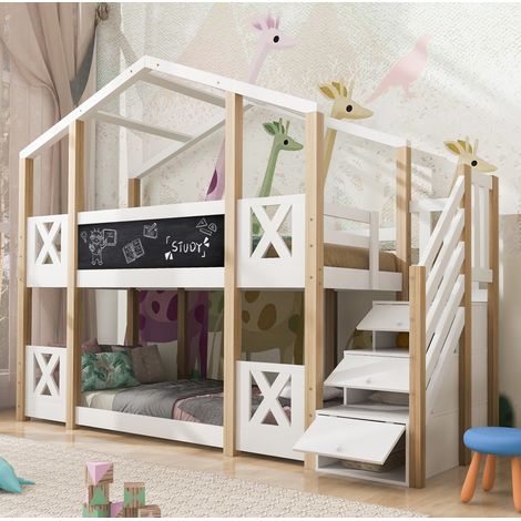Lit mezzanine 90 x 200 cm cabane en bois blanc et marron avec escalier de rangement (1/5)