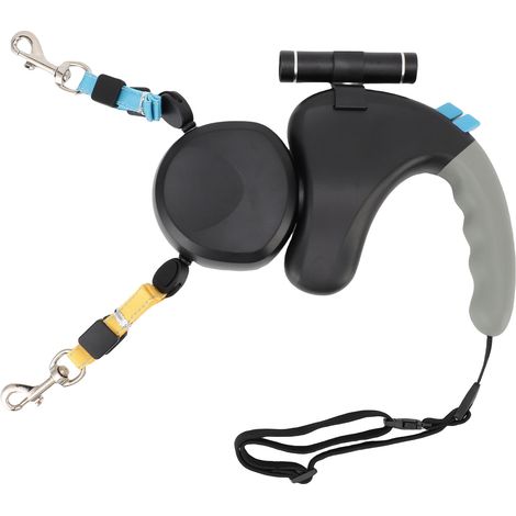 Laisse rétractable pour 2 chiens, rotation à 360°, double tête avec lumière LED, 3 mètres, noire (1/5)