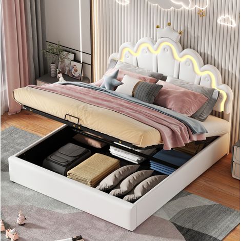 Bett Doppelbett Stauraum 140x200 Kunstleder Weiß OKMYHOME