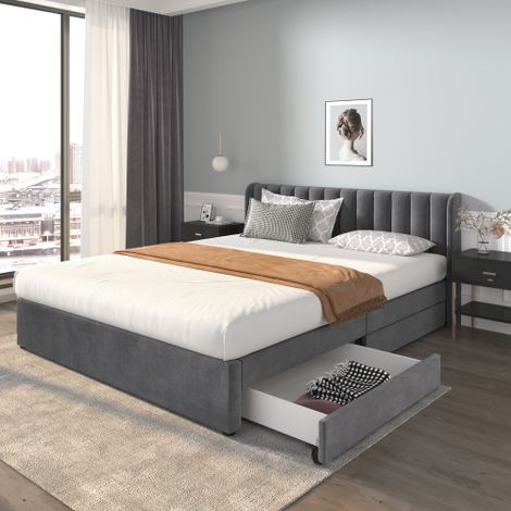 Lit 180x200 cm - lit adulte avec sommier à lattes et 2 tiroirs - en velours gris - sans matelas (1/5)