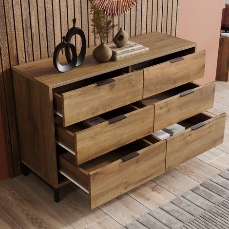 Cassettiera con 6 Cassetti e Piedini Regolabili per Camera e Soggiorno in Truciolare, 120 x 40 x 76 cm, Rovere Scuro