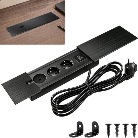 Multiprise encastrable escamotable 2 prises avec USB C, couvercle coulissant et passage de câble, prise encastrée avec câble de 1,7 m pour bureau, cuisine, bureau, table de conférence (1/5)