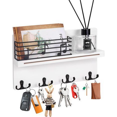 Porte-clés pour Mur, Porte-clés avec 4 Crochets Doubles et clôture, Organiseur Mural en Bois avec étagère pour entrée, vestiaire Blanc (1/5)
