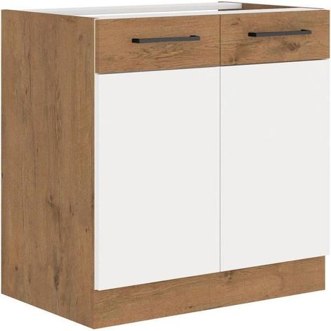 Rock - Meuble sous évier - Mélaminé chene Lancelot et Blanc brillant - 80 cm - 2 portes battantes (1/2)
