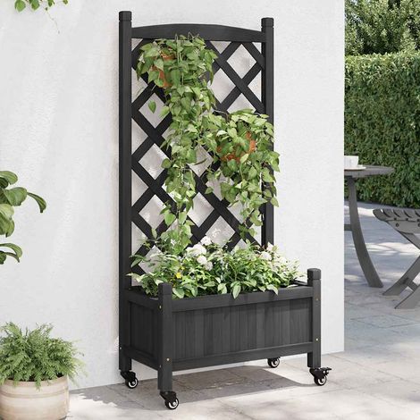 vidaXL Jardinera con enrejado y ruedas madera maciza de abeto negro (1/5)