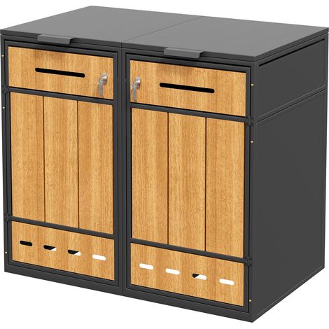 Coffre pour poubelles, compatible avec deux poubelles de 120 à 240 litres, équipé de trous d'aération, compartiments de tri des déchets, système de verrouillage et deux portes