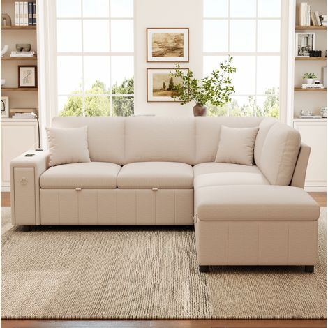 Ecksofa aus Leinen Beige 213x184x88 cm, mit Schlaffunktion, Hocker, USB/Type-C, Leselicht und Tisch (1/5)