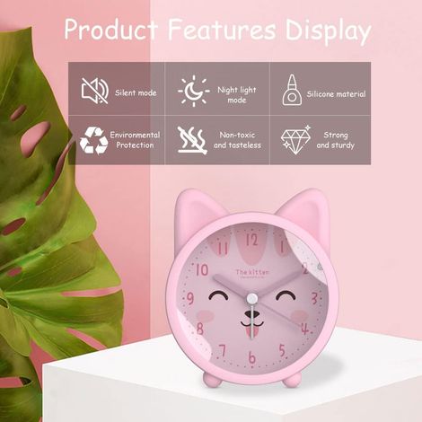 Réveil en forme d'animal mignon pour enfants, sans tic-tac, lapin/chat/cerf, réveil de bureau silencieux avec rétroéclairage (chat, rose)