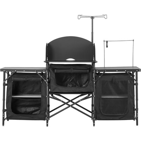 Table de Camping Pliable, Cuisine Outdoor en Aluminium avec Rangement, Paravent Détachable, Sac de Transport, Montage Rapide pour BBQ, Pique-nique, RV, Noir (1/5)