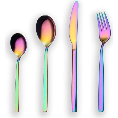 Couverts 24 Pièces - Acier Inoxydable - Plaquage Titane Arc-En-Ciel - 6 Personnes - Lavable Lave-Vaisselle