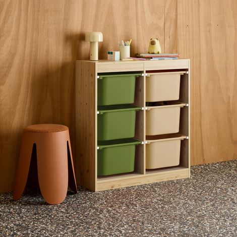 Meuble de rangement enfant 6 bacs de rangement en plastique vert olive taupe - Sora