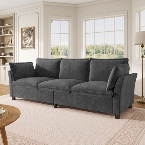 Sofa XXXL a 3 posti con tessuto in chenille, Cloud Soft Comfort, struttura in metallo, cuscini morbidi, con 2 cuscini per braccioli, divano moderno per soggiorno, camera da letto e appartamenti, Grigi (1/5)