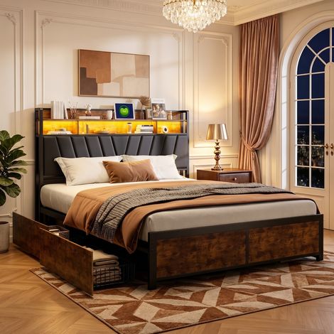 Beleuchteter Erwachsener 160 x 200 cm – mit Tischlampen – verstellbare LED-Beleuchtung – USB-Ladegerät – metallische Lattenroste – modernes Design