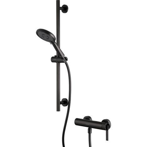 PaulGurkes Ensemble de Douche Noir Mat avec Barre de Douche et Pommeau Série NOX
