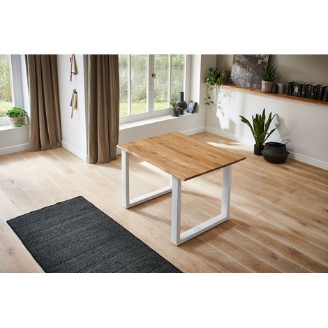 Esstisch Baumkante Massiv Wildeiche 90 x 90 weiß SESSA (1/5)