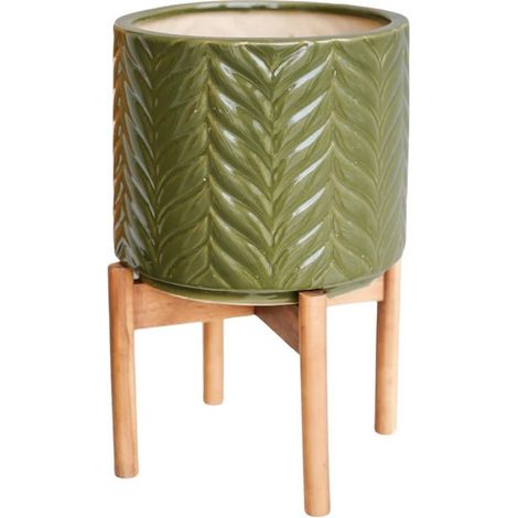 Aspen Chevron Planter - Ceramic/Wood - L22 x W22 x H34 cm - Olive