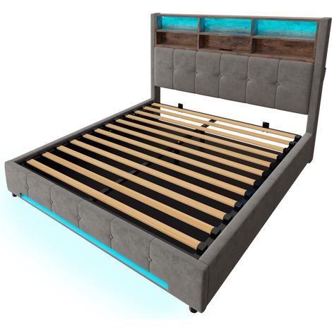 Cama canapé 160x200 cm de terciopelo gris oscuro con cabecero almacenaje, USB-C y LED HOMVRA (1/5)