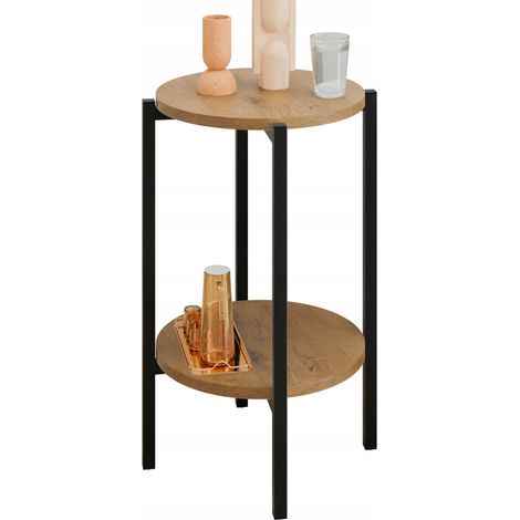 Mesita auxiliar redonda tipo loft con estante, 35x35x62 cm, metal negro. (1/5)