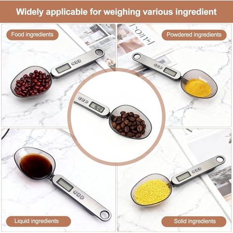 Balanza digital con cuchara，Cuchara para pesar de 0,2 g a 500 g，Con escala adicional para ml，2 cucharas medidoras desmontables (1/5)