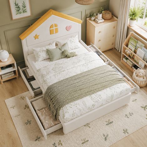 Lit d'enfant, lit en forme de maison, lit rembourré beige, lit d'enfant avec 4 tiroirs, lit avec rangement pour chambre d'enfant, lit cabane enfants, 140x200 cm, lit enfant, lit enfant cabane (1/5)
