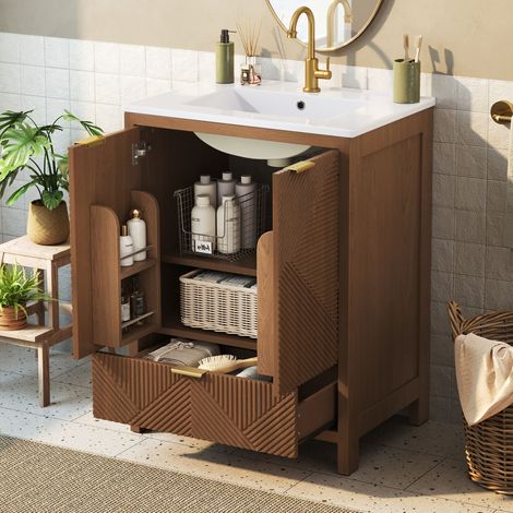 URBAN MEUBLE Thorniness 61 cm Meuble sous-vasque en noyer avec vasque en céramique, motif ondulé, Soft-Close, rangements multiples – Style moderne (robinet non inclus) (1/5)