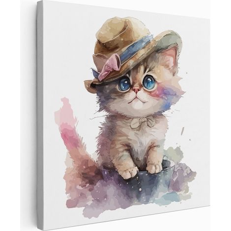 Tableau toile Enfants Carré - Chaton Chapeau - 60x60 cm (1/2)