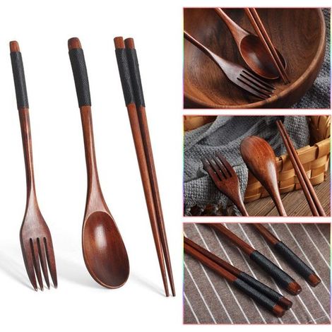 Set di posate in legno da 3 pezzi, set di posate in legno portatile comprendente bacchette, cucchiaio e forchetta, avvolto con filo nero, accessori da cucina, posate da viaggio, portatile (1/5)