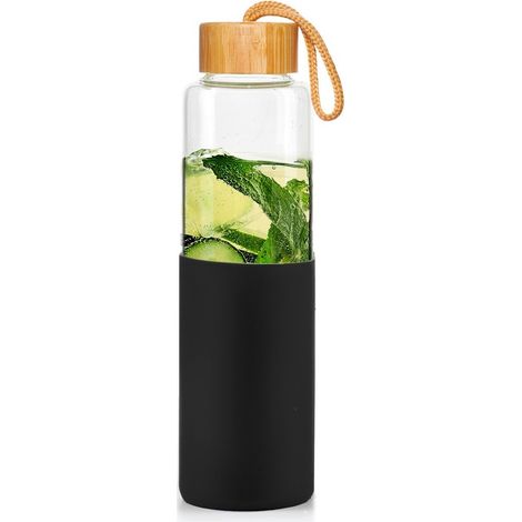 Glaswasserflasche mit Silikondeckel, Trinkflasche 600 ml
