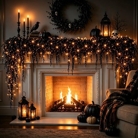1,8 m lange Halloween-Lichterkette, schwarze, gedrehte künstliche Ranken mit warmen orangefarbenen LED-Lichtern, wasserdicht und flexibel, gruselige Innendekoration für Kamin, Treppenhaus, Veranda ode (1/5)