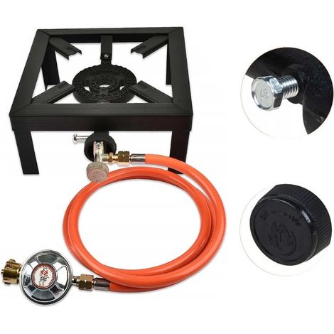 Set di fornelli a gas con bruciatore in ghisa da 8 kW e tubo riduttore 25x25 cm.