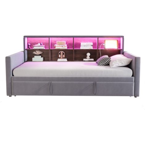 Letto Estraibile Singolo con Ripiani Testiera, LED, USB e Tipo C, 90×190 cm, senza Materasso, Grigio (1/5)