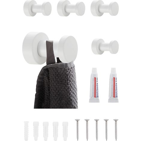 Lot de 5 crochets muraux blancs en métal inoxydable pour salle bain et cuisine - Auto-adhésifs ou montage mural Blanc.'Blanc. (1/5)