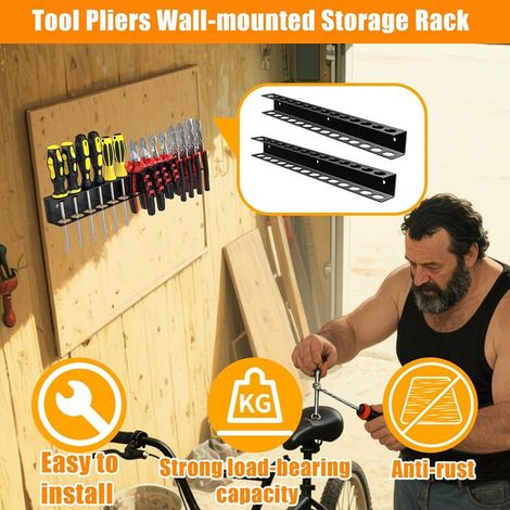 2-teiliger Schraubendreherhalter mit Dübeln und Schrauben, 14-Loch-Wandwerkzeug-Organizer für Garage, Werkstatt, 40 cm Wand-Werkzeugablage für Zangen, Schraubenschlüssel, Hammer (Schwarz) (1/5)