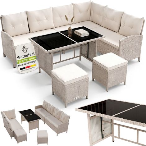 Juskys Polyrattan Lounge Manacor – Gartenlounge mit Sofa, Tisch, 2 Hocker & Kissen – Gartenmöbel Set bis 8 Personen – Creme, Sitzbezüge in Sand