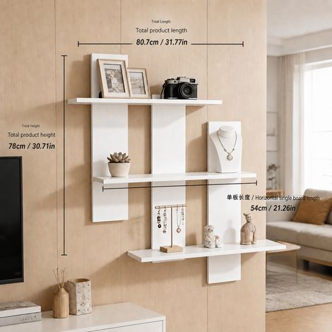Étagère murale blanche à 3 niveaux sans perçage, grande taille, rangement vertical pratique pour salon, chambre, cuisine et bureau (1/5)