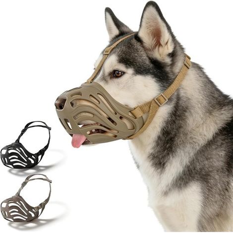 Museruola per cani, realizzata in silicone resistente e traspirante, a prova di morsi e abbaio, che consente libero accesso all'acqua. (1/5)