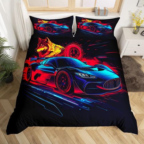 Housse de Couette Voiture de Sport 140x200 Enfant Garçon, Parure de Lit Voiture de Course pour Ado Homme, Sets de Housses de Couettes Jeux de Sports Extrêmes, Couvre Lit Rouge Bleu (1/5)